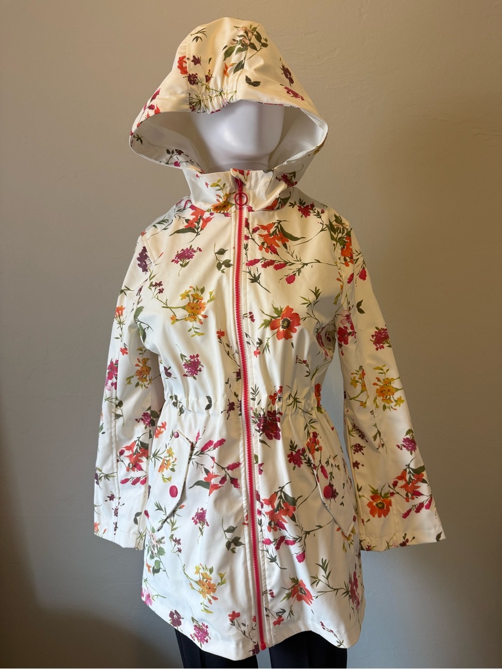 Urban Republic Cream Floral Hooded Raincoat with Pink & Orange Flowers